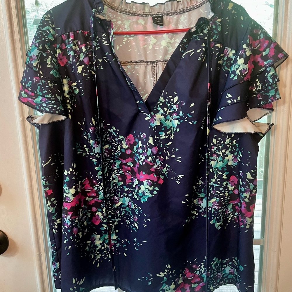 SHEIN Navy Floral Blouse with Ruffle Sleeves